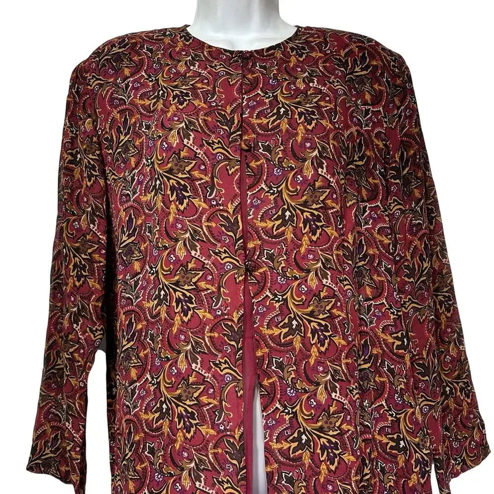 vintage silk boutique red gold floral side slit button up blouse Size S